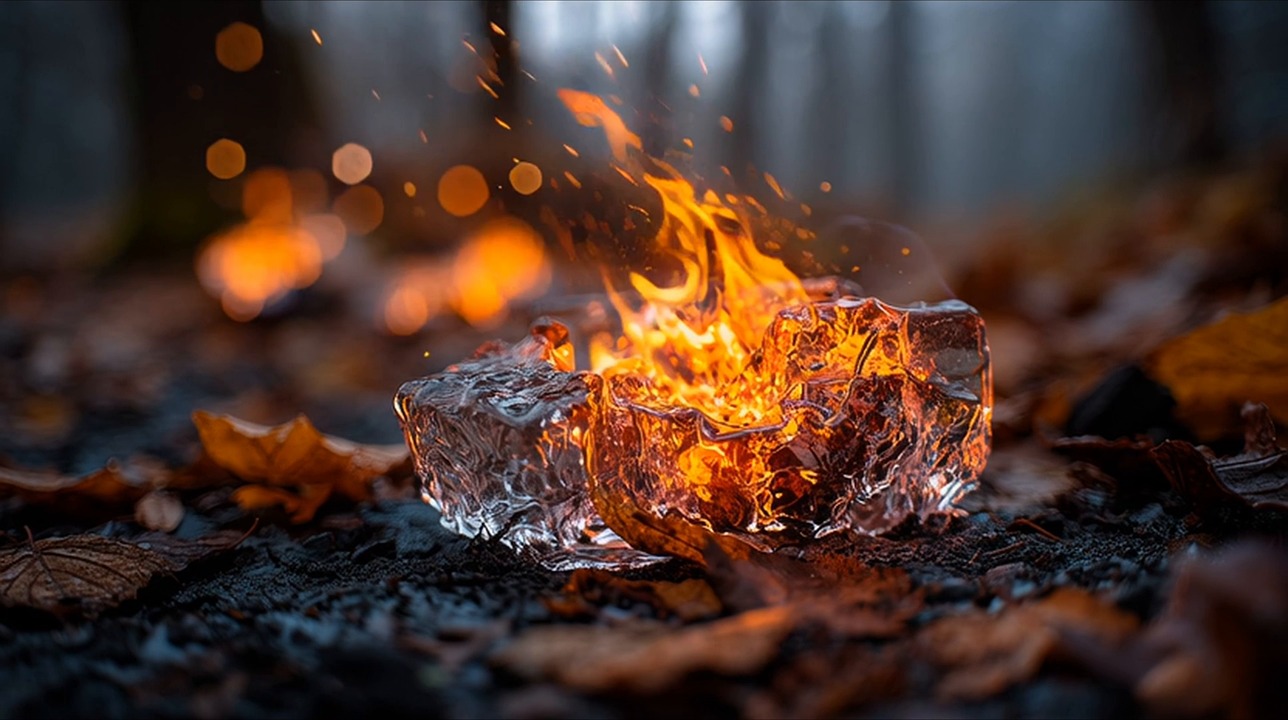 ice, fire, frost, heat, cold, contrast, light, energy, power, duality, element, nature, photorealistic, detailed, glowing, smoke, spark, reflection, melting, frozen, abstract, dramatic, fantasy, art, photography