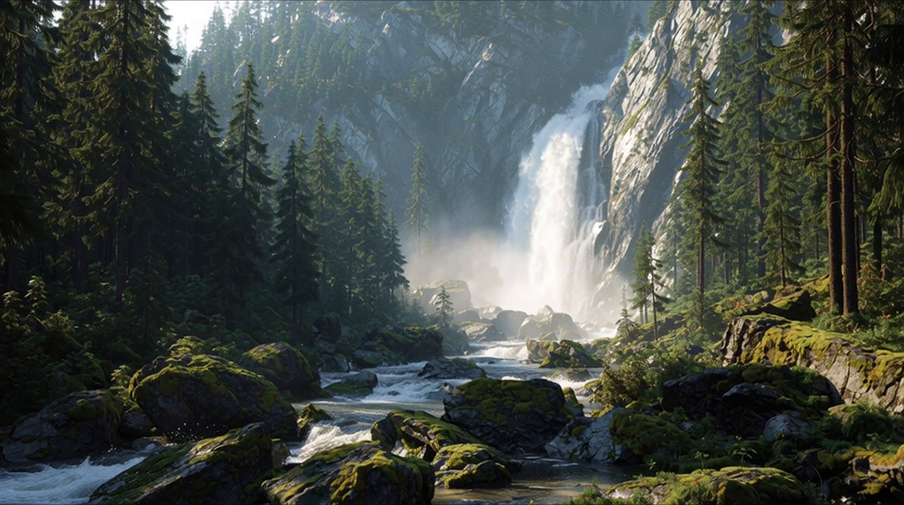 waterfall, river, mountain, valley, forest, nature, landscape, scenic, wilderness, rocks, moss, greenery, sky, clouds, sunlight, reflection, serenity, peaceful, natural beauty, travel, outdoors, adventure, mist, photorealistic, photography