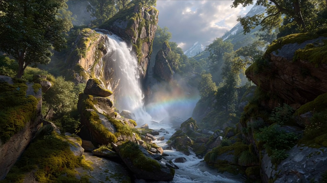 waterfall, river, mountain, valley, forest, nature, landscape, scenic, wilderness, rocks, moss, greenery, sky, clouds, sunlight, reflection, serenity, peaceful, natural beauty, travel, outdoors, adventure, mist, photorealistic, photography