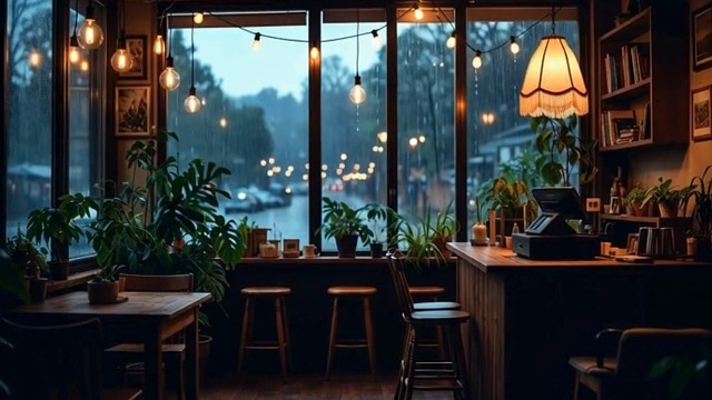 lofi, cold, to relax, night, minimalist, bakery, tables, to have lunch, coffee shop, restaurant, coffee, rain, nature, raining, climate, city, ai generated