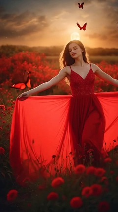 red dress, rose petals, barefoot, evening light, solitude, contemplation, woman, outdoor, melancholy, emotional, fashion, portrait, nature, sunset, introspective, serene, poetic, artflow, ai generated