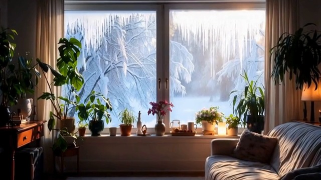 snow, living room, home, decoration, interior, window, plants, snowing, nature, winter, forest, frost, cold, ai generated