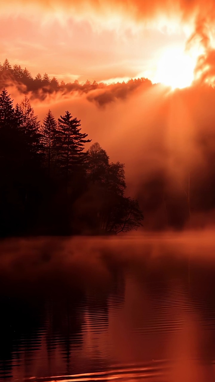 nature, mist, sunset, forest, lake, evening, night, goodnight, orange, reflection, water, calm, dusk, atmosphere, landscape, trees, fog, sunlight, glow, beautiful, dreamy, ai generated