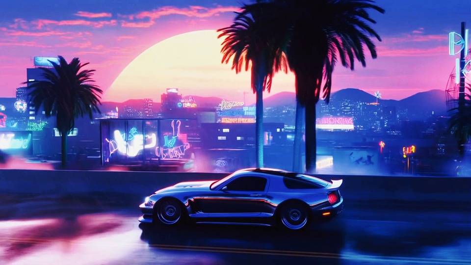synthwave, retrowave, vaporwave, 80s, retro, car, sports car, neon, city, sunset, palm trees, loop, cyberpunk, vintage, driving, auto, traffic, automobile, transportation, highway, purple, pink, aesthetic, sky, ai generated