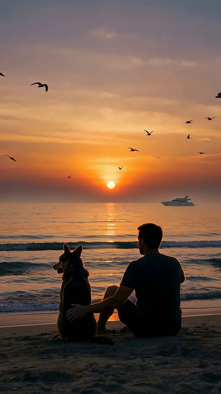 dog, pet, animal, nature, canine, sunset, dusk, sun, beach, sea, man, human, person, male, seagull, bird, sky, yacht, boat, luxury, ai generated