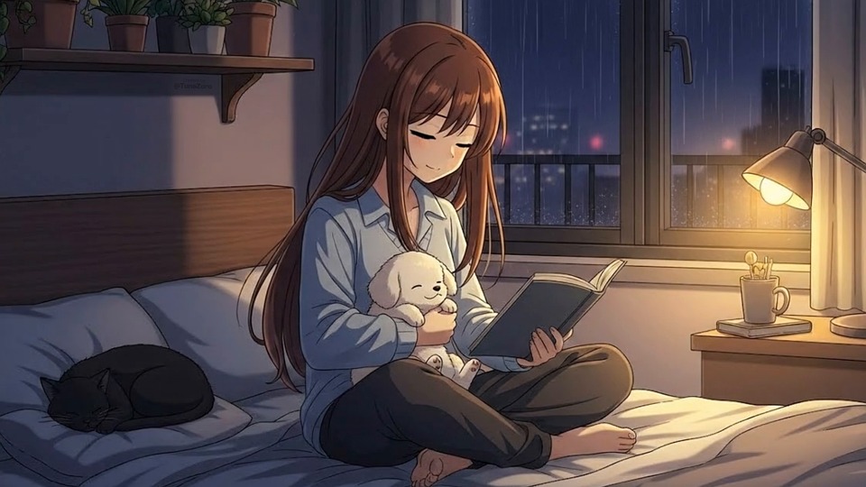 Video by TuneZoro on Pixabay: anime, lofi, girl, anime girl, reading, book, study, cozy, rain, rainy night, bedroom, puppy, dog, cat, cute, warm light, ambience, calm, peaceful, dreamy, relaxation, background, loop, cozy room, indoor, ai generated