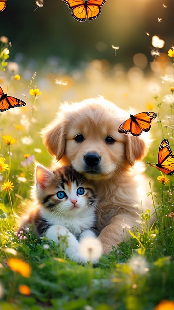 Video by AiPictureThis on Pixabay: kitten, puppy, dog and cat, golden retriever puppy, calico kitten, cute animals, adorable, fluffy, friendship, cuddling, flowers, butterflies, wildflowers, magical, whimsical, dreamy, fantasy, glowing, aesthetic, peaceful, nature, cinematic, soft lighting, spring, vertical video, ai generated