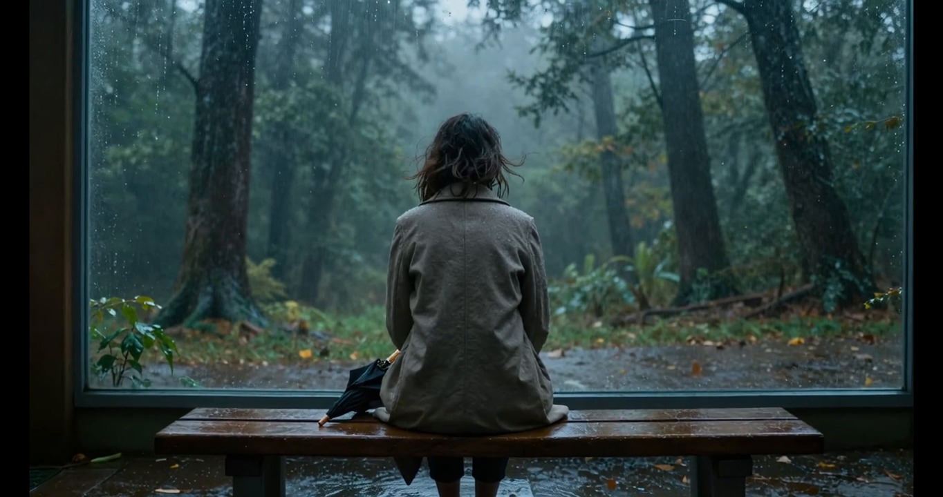 ai generated, lonely woman, cinematic rain, melancholic mood, forest retreat, rainy day aesthetic, emotional atmosphere, cinematic animation, peaceful loneliness, umbrella scene, moody lighting