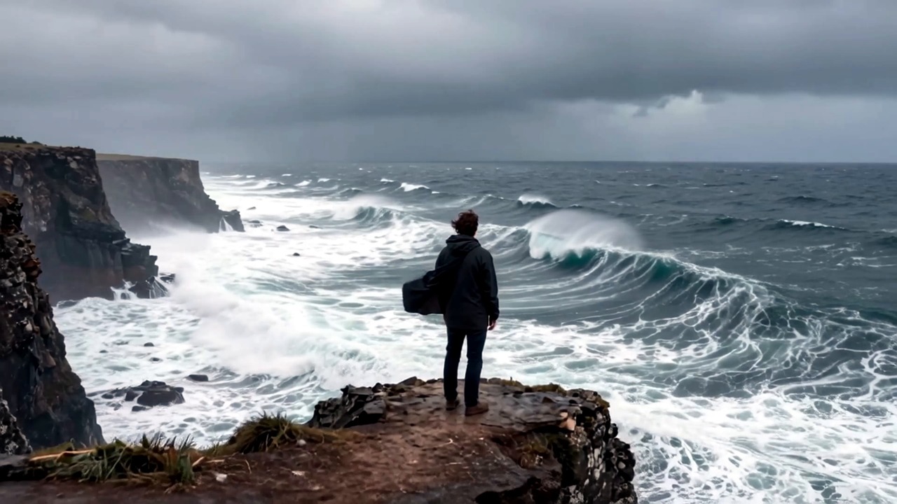 ai generated, ocean, cliff, cinematic, emotional, loneliness, waves, dramatic sky, solitude, nature, wind, peaceful, melancholy, storytelling, aerial shot, cinematic footage, 4k, landscape, freedom, reflection, emotional scene, coastline, realistic, moody, sunset