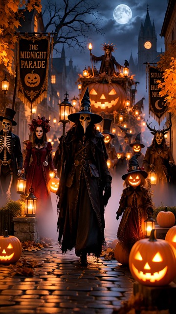 halloween, midnight parade, haunted parade, spooky parade, halloween parade, masked figures, shadowy figures, lantern bearers, pumpkin float, giant pumpkin, pumpkin head, plague doctor, skeleton, creepy creatures, gothic village, haunted village, fog, mist, full moon, jack o lantern, pumpkins, bats, horror, supernatural, ai generated