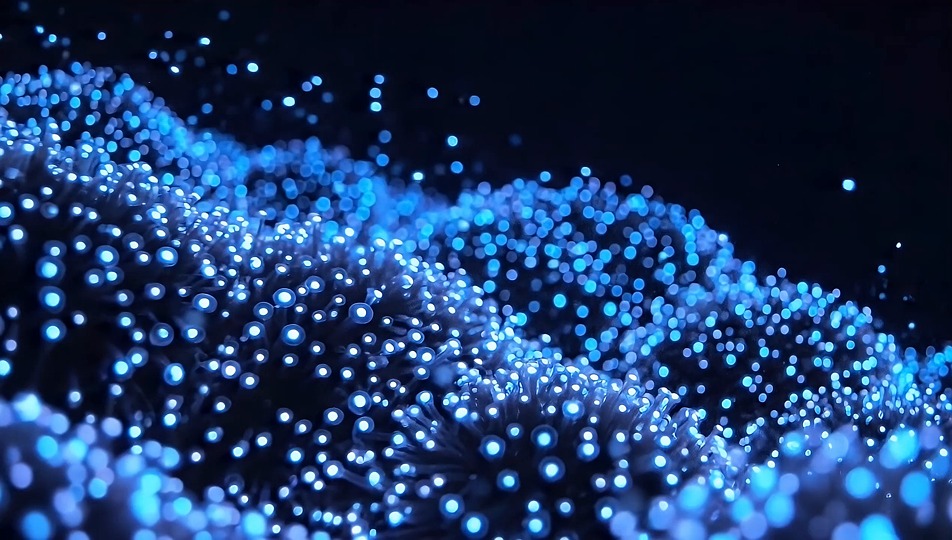 fiber optics, footage, digital network, particle stream, cybersecurity, artificial intelligence, data flow, futuristic background, technology presentation, abstract motion graphics, dynamic movement, glowing light, digital art, high tech presentation, modern visual effect, bokeh effect, energy flow, macro shot, close up, no people, copyspace, dark background, shallow depth of field, back lit, textured, ai generated